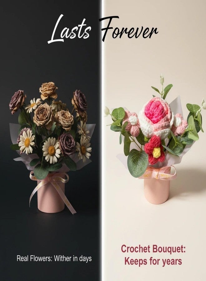 Aiouclay Handmade Crochet Flower Bouquet - Knitted Rose Bucket Arrangement for Mother's Day, Birthday Gift & Home Decor (Pink, with Gift Bag) - Image 3