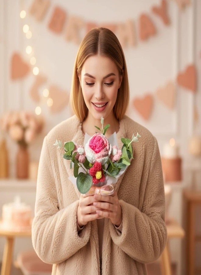 Aiouclay Handmade Crochet Flower Bouquet - Knitted Rose Bucket Arrangement for Mother's Day, Birthday Gift & Home Decor (Pink, with Gift Bag) - Image 5