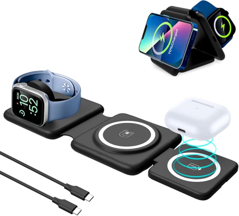 Necomi 3 in 1 Wireless Charger, Foldable Magnetic Charging Stand, Inductive Wireless Charger, 15W Wireless Fast Charging Pad, Cell Phone Charging Pad for iPhone 14/13/12/11/8/Pro/Max