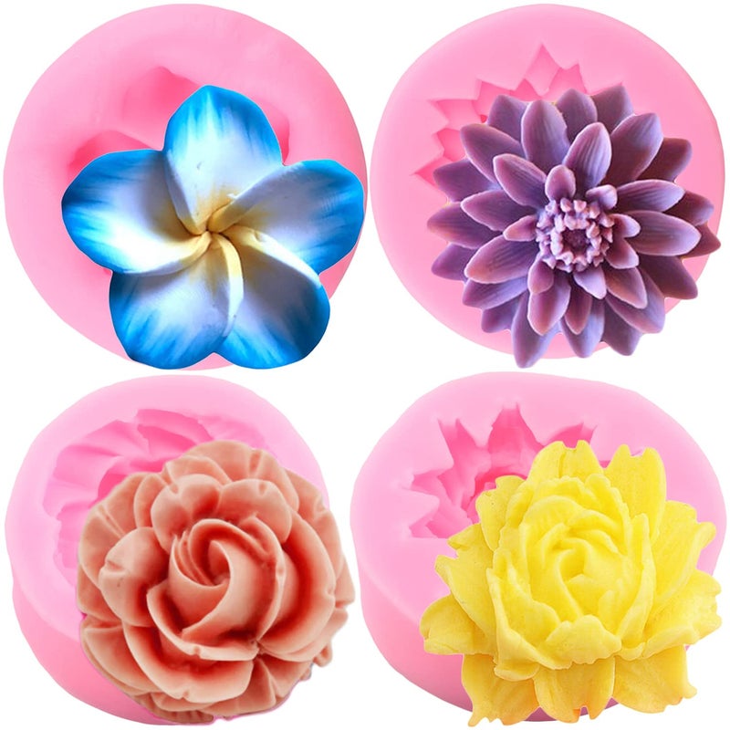 ZiXiang Flower Bloom Silicone Molds Rose Flower Fondant Mold Chrysanthemum Flower Mold Plumeria Flower Mold For Chocolate Cake Decoration Cupcake Topper Candy Polymer Clay Gum Paste Set Of 4