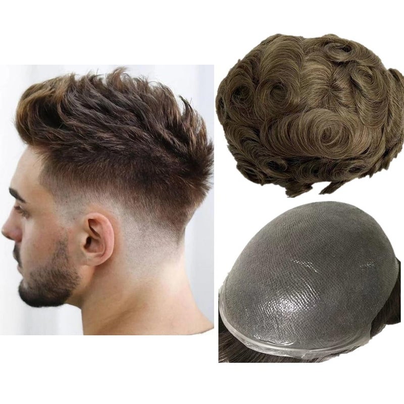NLW PU toupee for men European virgin human hair toupee for man with transparent Thin skin PU 10x8 natural wave hair pieces prosthesis replacement system 4 Light brown