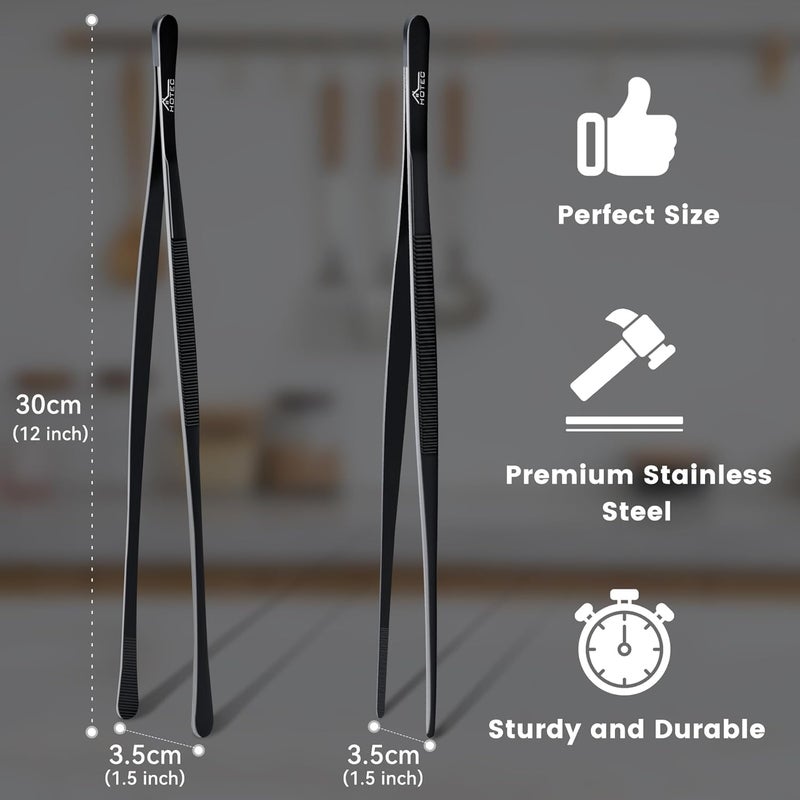 hotec Kitchen Tweezers Tongs Stainless Steel Professional Chef Tweezers, Set of 2-12inch Extra-Long Food Tongs for Cooking,Grill and Baking - Image 2