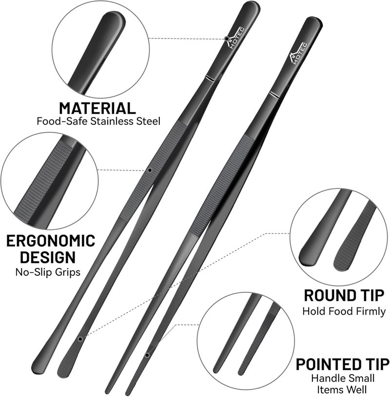 hotec Kitchen Tweezers Tongs Stainless Steel Professional Chef Tweezers, Set of 2-12inch Extra-Long Food Tongs for Cooking,Grill and Baking - Image 5