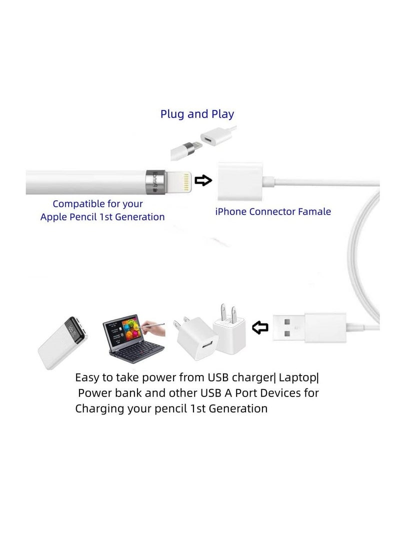 Generic - iPencil Charging Adapter, Compatible with Apple Pencil 1st Generation, 1FT iPencil Accessories for Apple 1 Pen Gen USB A to Ligntning Female Connector, White - Image 1