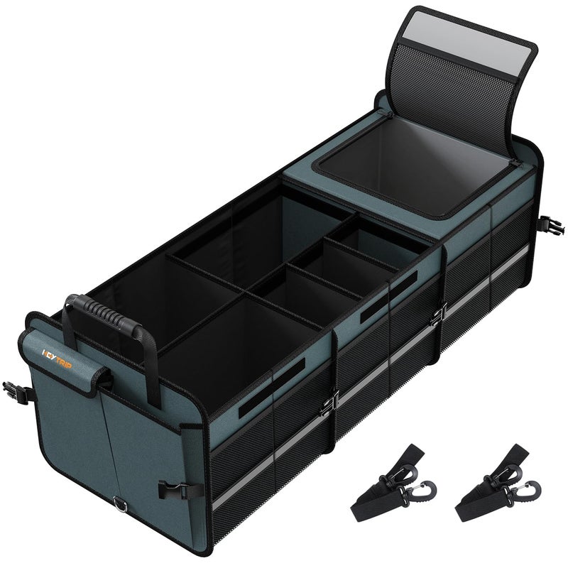 HEYTRIP Large Trunk Organizer With Builtin Leakproof Cooler Bag 2 TieDown Straps 4 Removable Dividers Foldable Cover Built with 2mm PE Board Gray