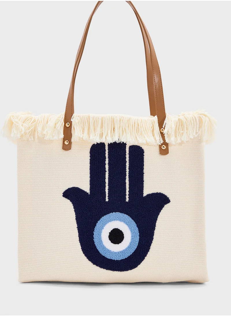 Ginger Frayed Edge Hamsa Canvas Shopper Bag
