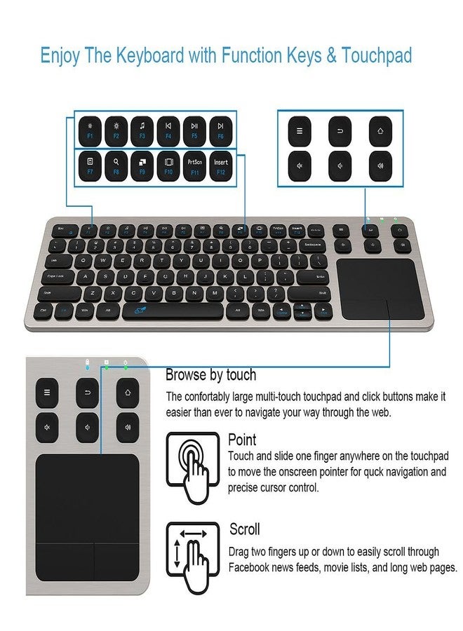 Arteck Wireless Keyboard, 2.4G Wireless Touch TV Keyboard with Easy Media Control and Built-In Touchpad Mouse Solid Stainless Ultra Compact Full Size Keyboard for TV-Connected Computer, Smart TV, HTPC - Image 2