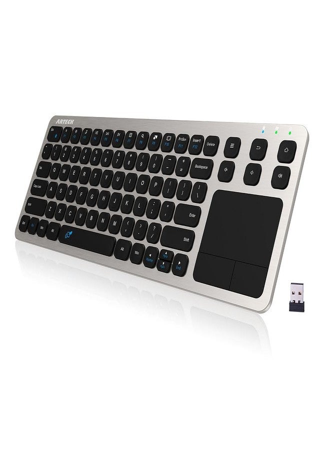 Arteck Wireless Keyboard, 2.4G Wireless Touch TV Keyboard with Easy Media Control and Built-In Touchpad Mouse Solid Stainless Ultra Compact Full Size Keyboard for TV-Connected Computer, Smart TV, HTPC - Image 1