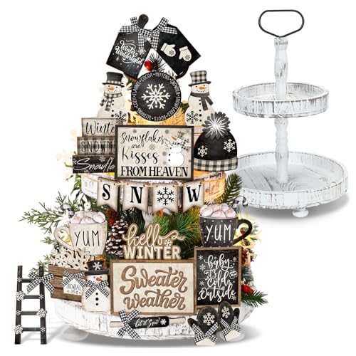 Nuogo 24 Pcs Winter Tiered Tray Decorations Set and 2 Tiered Tray Stand with Handle Winter Table Decoration Tabletop Snowman Decorations for Christmas Home Farmhouse Hot Cocoa - Image 1