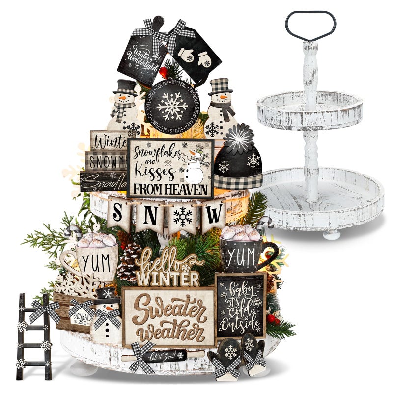 Nuogo 24 Pcs Winter Tiered Tray Decorations Set and 2 Tiered Tray Stand with Handle Winter Table Decoration Tabletop Snowman Decorations for Christmas Home Farmhouse Hot Cocoa - Image 2