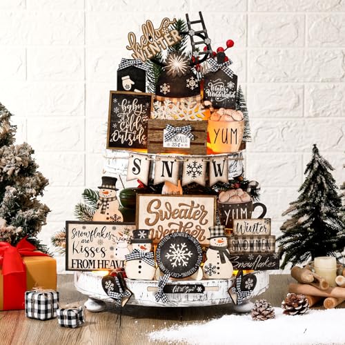 Nuogo 24 Pcs Winter Tiered Tray Decorations Set and 2 Tiered Tray Stand with Handle Winter Table Decoration Tabletop Snowman Decorations for Christmas Home Farmhouse Hot Cocoa - Image 3