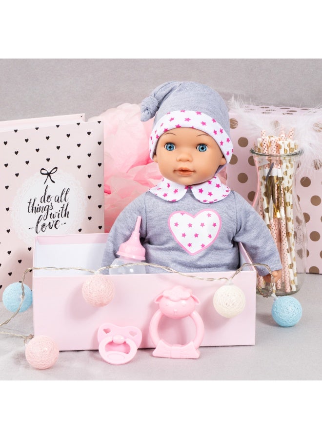 Bayer Design Doll: Interactive Tears Baby - Grey, Pink, Hearts - 15" (38cm) Soft Baby Doll W/Sound Function, Real Tears, Sleeping Eyes, Included Accessories Pacifier, Bottle, Rattle, Ages 3+ - Image 4