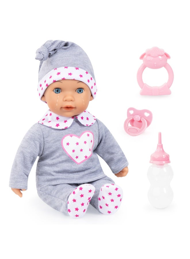 Bayer Design Doll: Interactive Tears Baby - Grey, Pink, Hearts - 15" (38cm) Soft Baby Doll W/Sound Function, Real Tears, Sleeping Eyes, Included Accessories Pacifier, Bottle, Rattle, Ages 3+ - Image 1