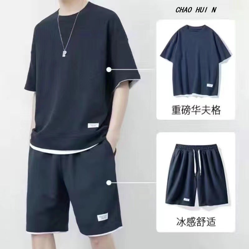 Summer Mens Waffle T-Shirt Shorts Set Sportswear navy blue [a set of 940]]