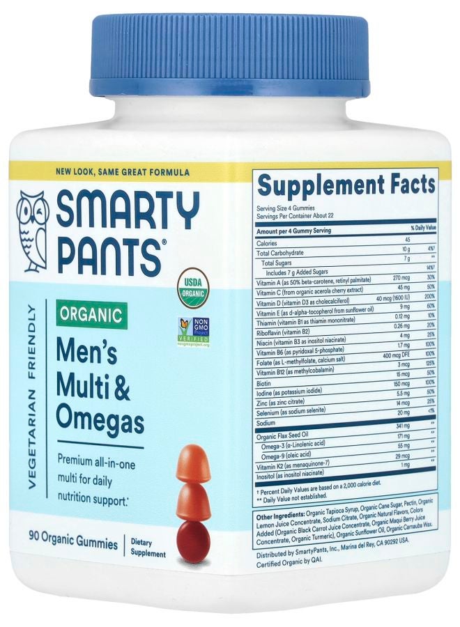 SmartyPants Organic Men's Multi & Omegas Gummies Raspberry Orange and Cherry 90 Organic Gummies - Image 2