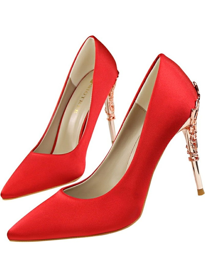 BIGTREE Women's Elegant Stiletto Pumps With 10 CM Personalized Metal Heel Elegant Gorgeous Closed Pointed Toe Slip On Solid High Heels Red - Image 1