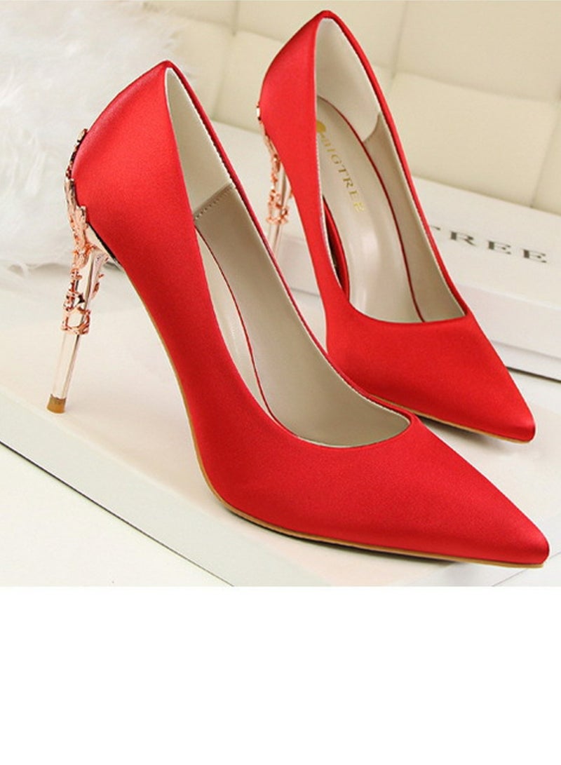 BIGTREE Women's Elegant Stiletto Pumps With 10 CM Personalized Metal Heel Elegant Gorgeous Closed Pointed Toe Slip On Solid High Heels Red - Image 2