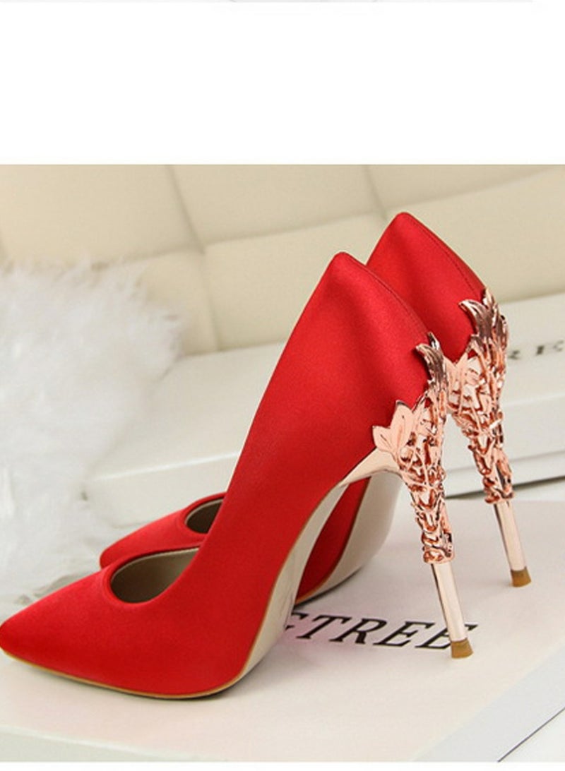 BIGTREE Women's Elegant Stiletto Pumps With 10 CM Personalized Metal Heel Elegant Gorgeous Closed Pointed Toe Slip On Solid High Heels Red - Image 3