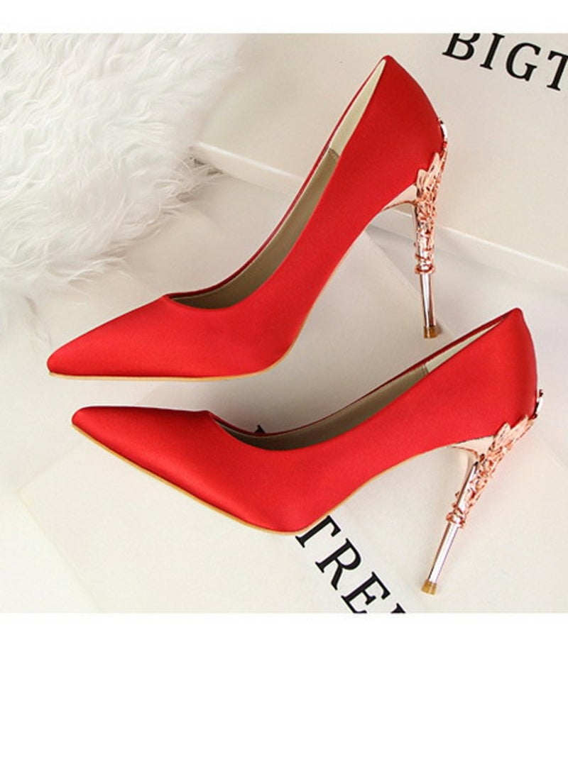 BIGTREE Women's Elegant Stiletto Pumps With 10 CM Personalized Metal Heel Elegant Gorgeous Closed Pointed Toe Slip On Solid High Heels Red - Image 4