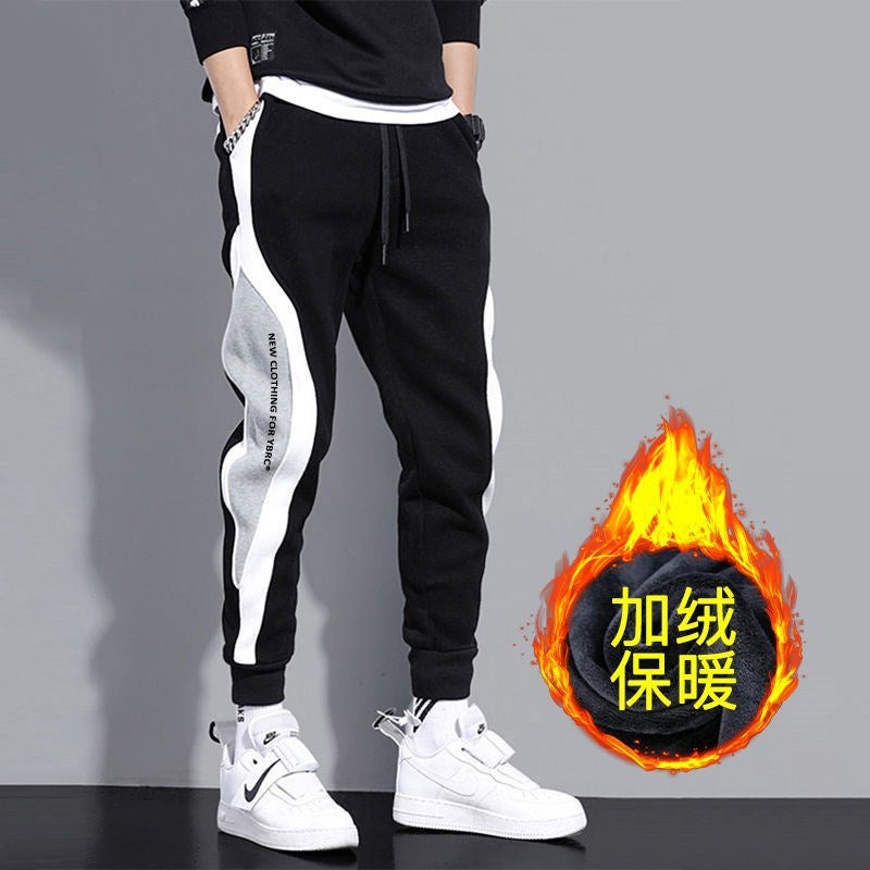Garment Clothing Casual Pants Mens Autumn and Winter New Large Size Loose Nine-point Color-matching Fashion Trendy Sports Foot-toe Sweater Pants Black [plus velvet]]