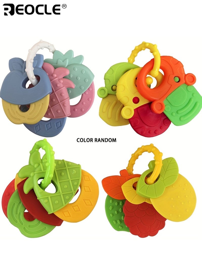 REOCLE 4pcs Infant's Fruit Shape Teething Gum Young Children Silicone Teething Gum Grinding Teeth and Fixing Teeth Device Rattle Teething Gum Easy Grip Design - Image 1