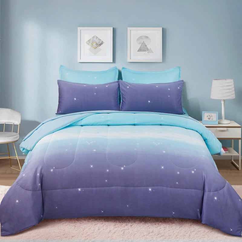 Girls Comforter Set Twin Size 6 Pieces Bed in A Bag Colorful Ombre Blue Purple Rainbow Bedding Set for Kids Teen 1 Comforter 1 Flat Sheet 1 Fitted Sheet 1 Pillow sham 2 Pillowcases