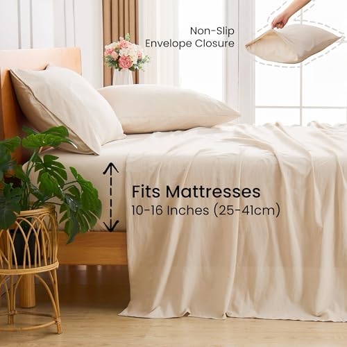 GOKOTTA 4-Pcs King Size Sheets Set, 10-16" Deep Pocket, Non-Slip Elastic Corner Straps, Washed & Brushed Microfiber Polyester - Hotel Luxury, Ultra Soft, Breathable, Wrinkle-Free, Anti-Rip - Beige - Image 5