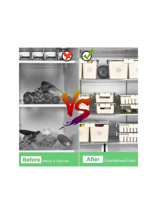 Green Tiger علبة تنظيم الثلاجة 2 قطعة، حاوية تخزين الطعام مقسمة، سلة تخزين الفواكه مع 4 سلال تصريف، صندوق مصفاة الخضار القابل للتكديس لثلاجة المخزن صندوق الوجبات الخفيفة للحلويات والمكسرات (4 تصريف-أ)  - Image 3