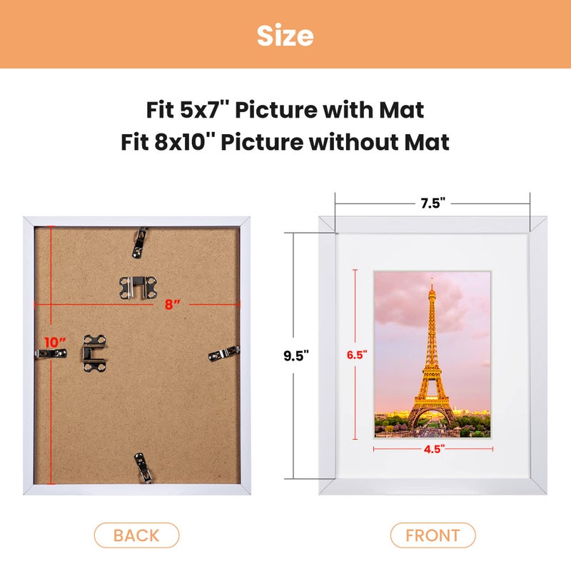 أبس سيمبلز مجموعة إطار صورة 8x10 مصنوعة من 3 مصنوعة من الزجاج عالي الوضوح ل 5 × 7 مع حصيرة أو 8x10 بدون إطارات صور تصاعد حصيرة أبيض - Image 4