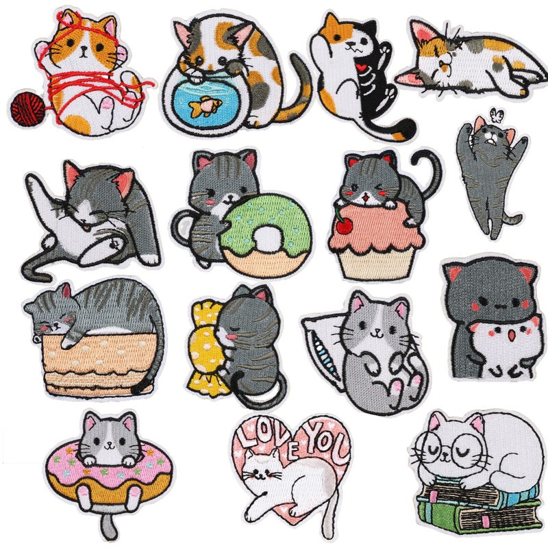 EZWOO Iron On Patches for Clothing Repair Cute Kitten Sew On Embroidery Appliques for Women and Girls Decoration Patches for Masks Bags Jeans Jackets Shoes 15PCS 