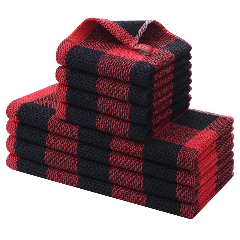Homaxy Kitchen Towels and Dishcloths Set 12 x 12 and 13 x 28 Inches Set of 8 100 Cotton Waffle Weave Check Plaid Kitchen Dish Towels Super Soft and Absorbent Dish Cloths Black Red - Image 2