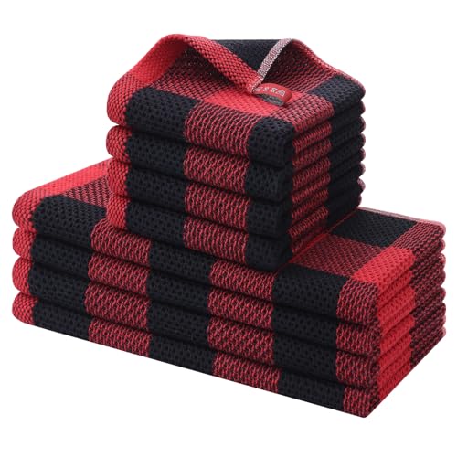 Homaxy Kitchen Towels and Dishcloths Set 12 x 12 and 13 x 28 Inches Set of 8 100 Cotton Waffle Weave Check Plaid Kitchen Dish Towels Super Soft and Absorbent Dish Cloths Black Red - Image 1