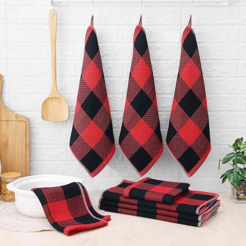 Homaxy Kitchen Towels and Dishcloths Set 12 x 12 and 13 x 28 Inches Set of 8 100 Cotton Waffle Weave Check Plaid Kitchen Dish Towels Super Soft and Absorbent Dish Cloths Black Red - Image 3