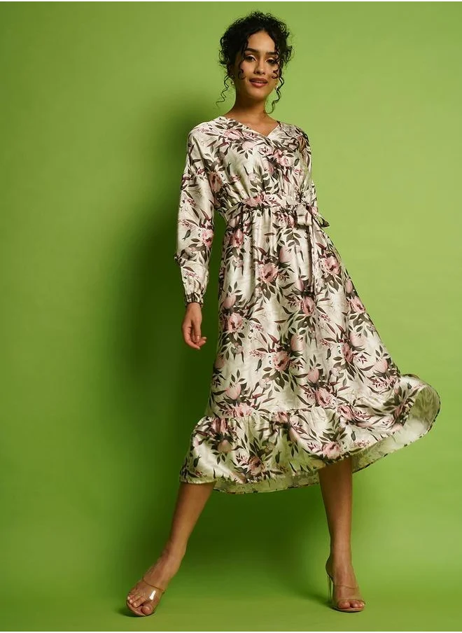 جلو باص Globus Women Multi White Tropical Print Wrap Neck Bishop Sleeves Fit & Flare Belted Midi Dress by Styli