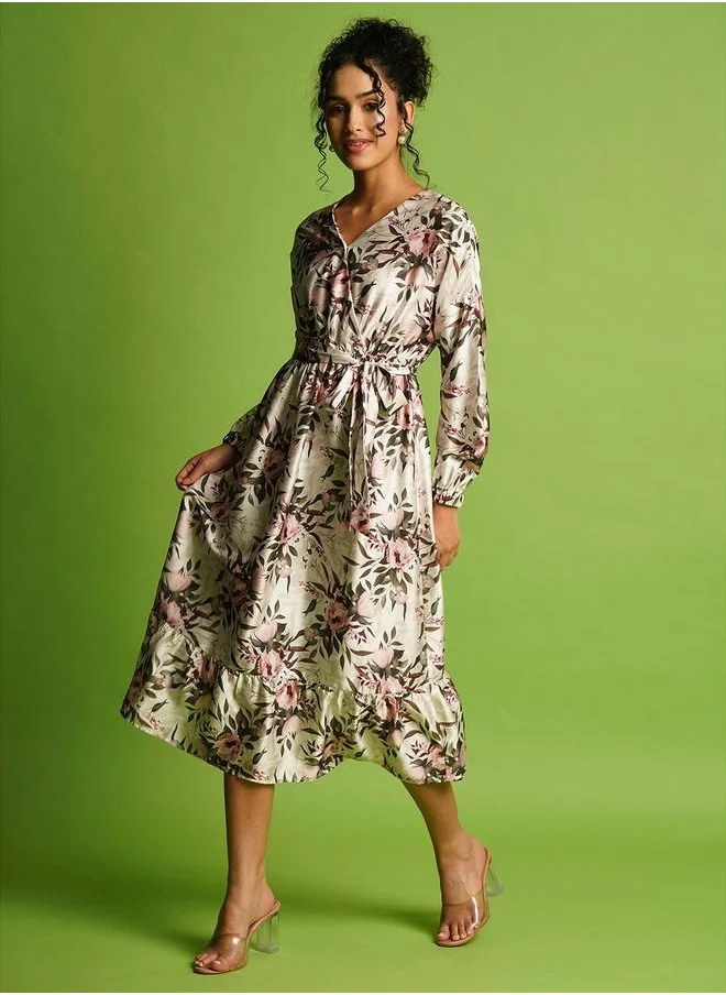 جلو باص Globus Women Multi White Tropical Print Wrap Neck Bishop Sleeves Fit & Flare Belted Midi Dress by Styli