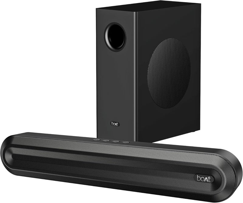 boAt 2025 Launch Aavante 2.1 300, 40W Signature Sound, 2.1 CH w/Wired Subwoofer, Multiple Ports, EQ Modes, Remote Control, Bluetooth Sound bar, Home Theatre Soundbar Speaker (Premium Black) - Image 1