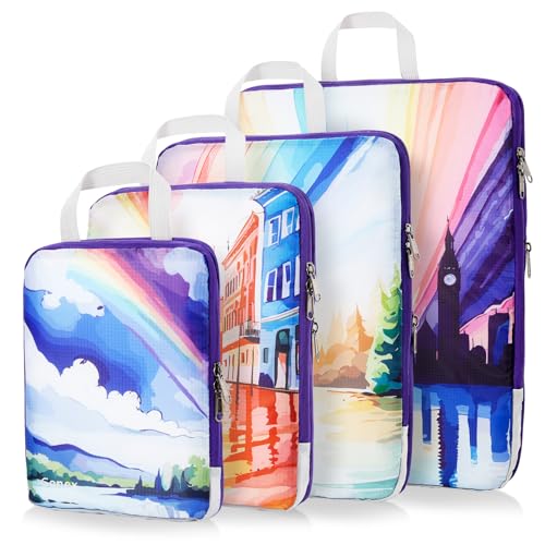 Gonex Compression Packing Cubes 4pcs Expandable Storage Travel Luggage Bags Organizers Travel Cubes for Suitcase Carry On Rainbow - Image 1