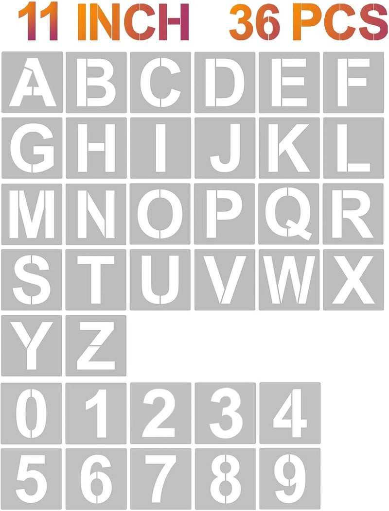 YEAJON 11 Inch Letter Stencils and Numbers, 36 Pcs Alphabet Art Craft Stencils, Reusable Plastic Templates for Wood, Wall, Fabric, Rock, Signage, DIY Art Projects (11 Inch) - Image 1
