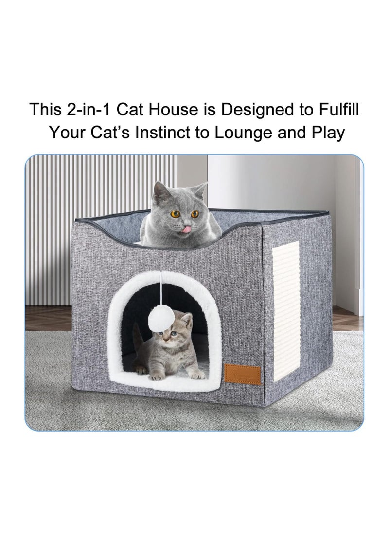 A.M - Cat Bed for Indoor Cats, Cat House with Durable Scratching Board and Dangling Toy Ball, Foldable Cat Condo with Reversible Cushions and Large Opening (Grey) - Image 1