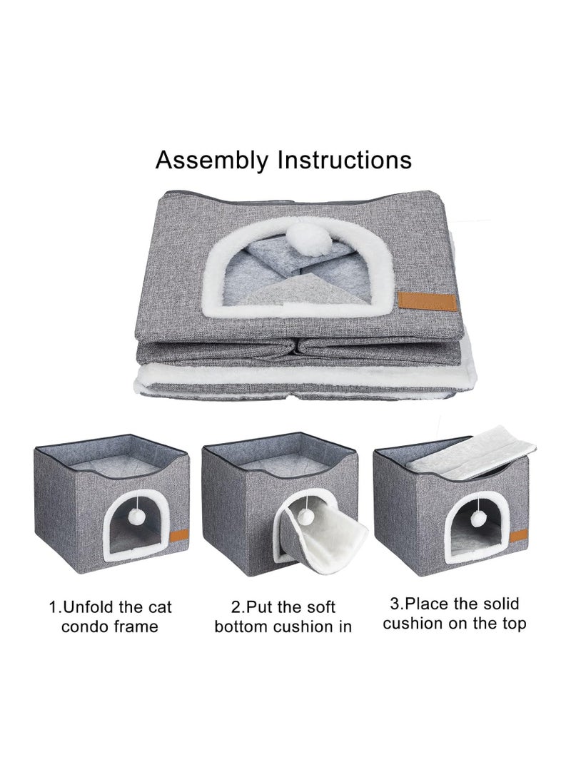 A.M - Cat Bed for Indoor Cats, Cat House with Durable Scratching Board and Dangling Toy Ball, Foldable Cat Condo with Reversible Cushions and Large Opening (Grey) - Image 1