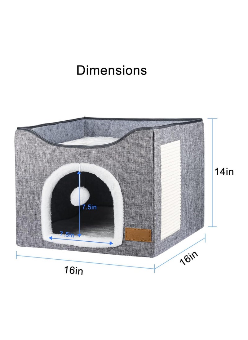 A.M - Cat Bed for Indoor Cats, Cat House with Durable Scratching Board and Dangling Toy Ball, Foldable Cat Condo with Reversible Cushions and Large Opening (Grey) - Image 1