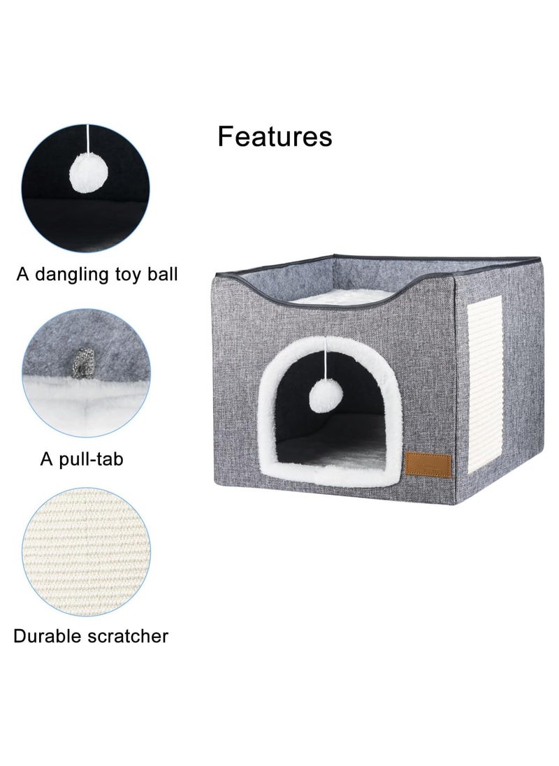A.M - Cat Bed for Indoor Cats, Cat House with Durable Scratching Board and Dangling Toy Ball, Foldable Cat Condo with Reversible Cushions and Large Opening (Grey) - Image 1