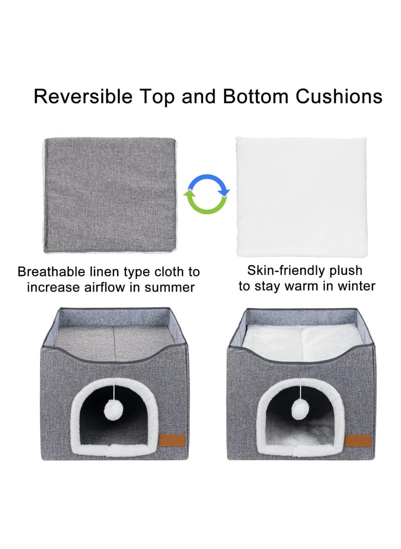 A.M - Cat Bed for Indoor Cats, Cat House with Durable Scratching Board and Dangling Toy Ball, Foldable Cat Condo with Reversible Cushions and Large Opening (Grey) - Image 1