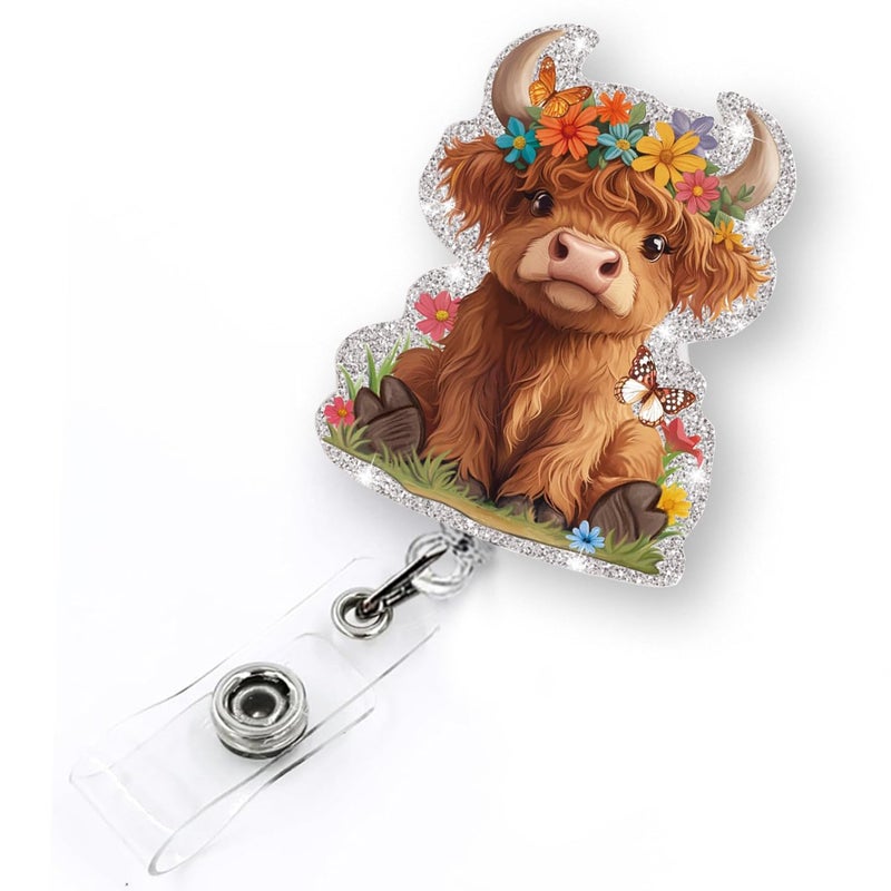 LEBEIGHT Cute Highland Cow Badge Reel Retractable for Nurse Nursing RN CNA LPN Medical Worker & Teacher | Funny Nurse Gifts Pediatric Cow ID Badge Holder with Alligator Clip & 24â€ Durable Nylon Cord | Acrylic - Image 1