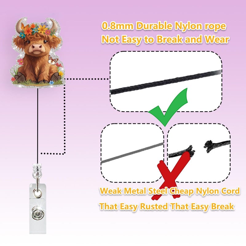 LEBEIGHT Cute Highland Cow Badge Reel Retractable for Nurse Nursing RN CNA LPN Medical Worker & Teacher | Funny Nurse Gifts Pediatric Cow ID Badge Holder with Alligator Clip & 24â€ Durable Nylon Cord | Acrylic - Image 4