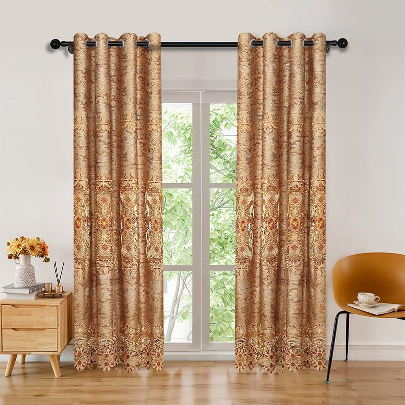 ELKCA European Embroidered Curtains for Living Room Luxury Brown Embroidered Window Curtains for Kitchen 52 W x 96 LPack of 2