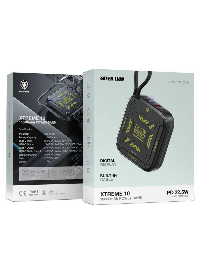 GREEN LION Xtreme 10 Power Bank 10000mAh, PD 22.5W, Built-in Lightning & USB-C Cables, USB-A & USB-C Ports, Digital Display - Black - Image 3
