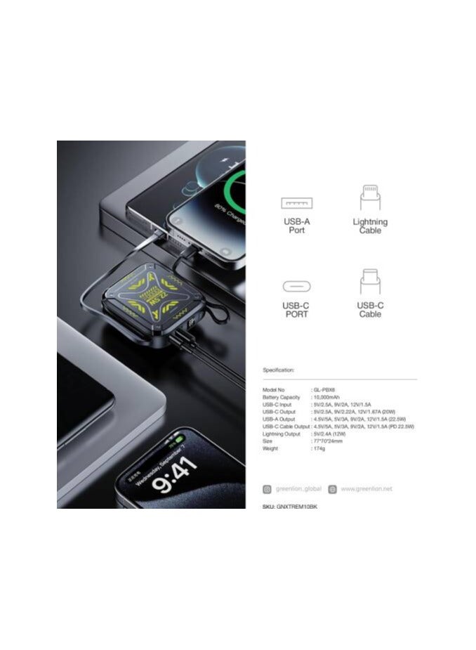 GREEN LION Xtreme 10 Power Bank 10000mAh, PD 22.5W, Built-in Lightning & USB-C Cables, USB-A & USB-C Ports, Digital Display - Black - Image 4