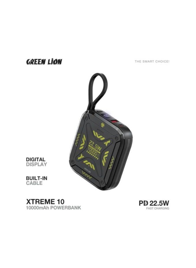 GREEN LION Xtreme 10 Power Bank 10000mAh, PD 22.5W, Built-in Lightning & USB-C Cables, USB-A & USB-C Ports, Digital Display - Black - Image 5