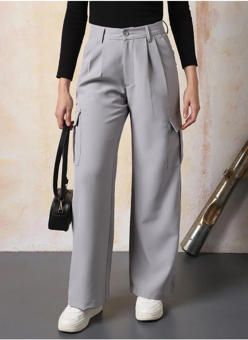 HIGH STAR Women's Light Grey 100% Polyester Solid Full Length Wide Wide Leg Trouser